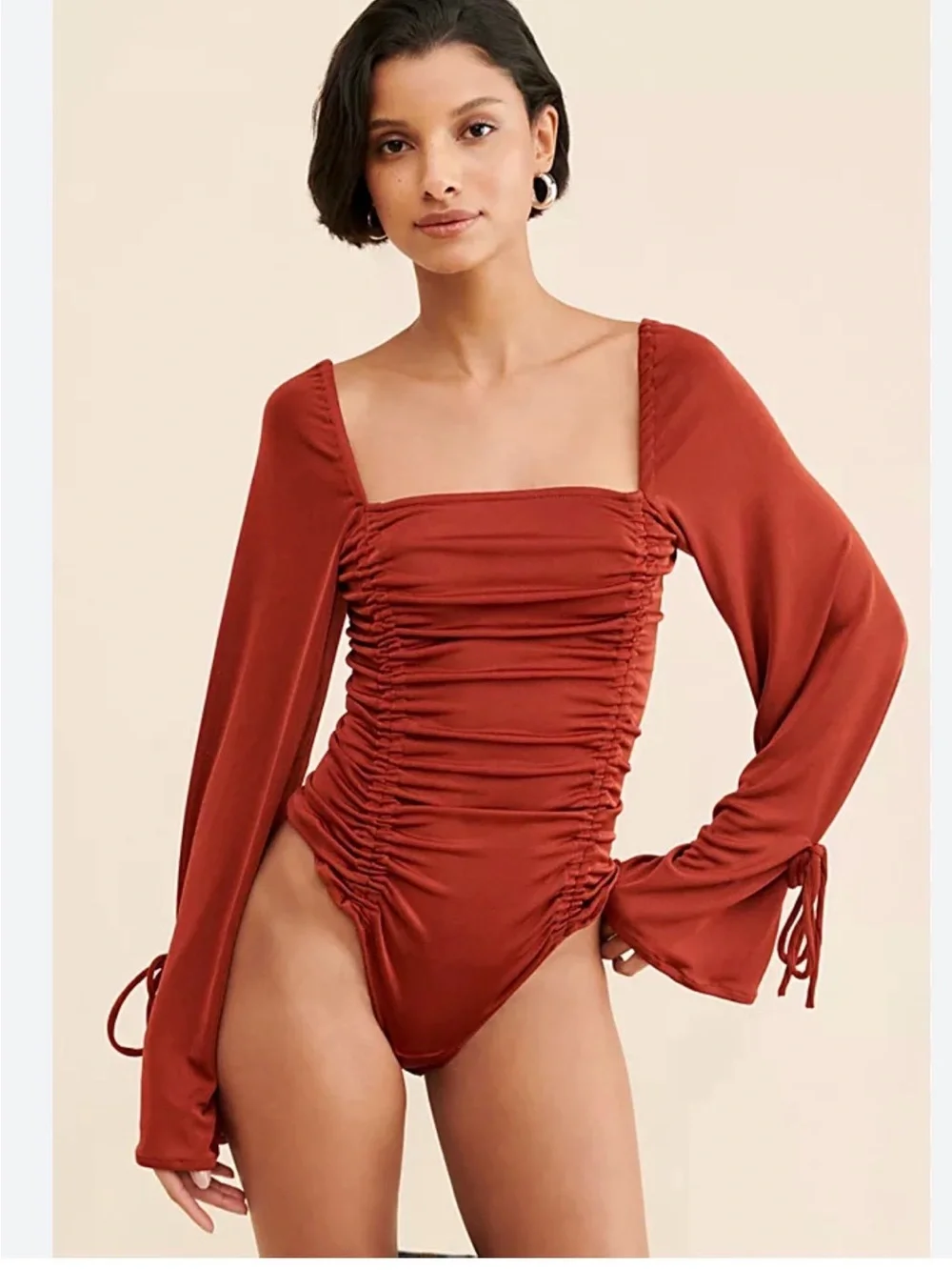 Free People Rust Long-Sleeve Ruched Bodysuit